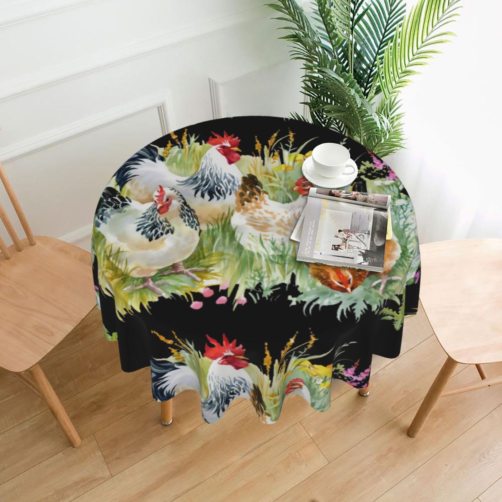 YYHHAOFA Rooster Prints 60in Round Decorative Tablecloth – High-Grade Polyester Throw Cover for Dining, Parties, and Outdoor Events