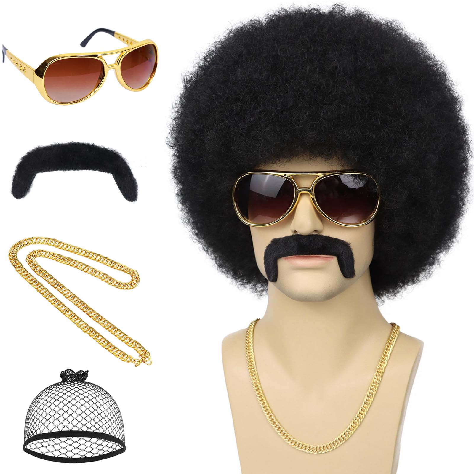 Wallden Hair 70s Mens Afro Wig 5pcs Set (Wig+ Glasses+ Necklace+ Mustache+ WigCap) Short Curly Afro Male Wigs For 70s 80s Retro Disco Outfit Men Party