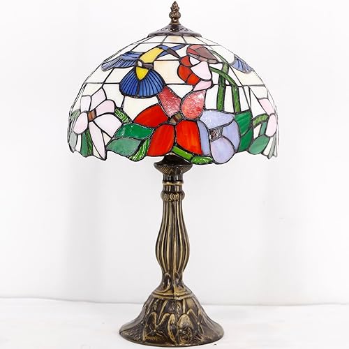 Miniatura 5 de WERFACTORY Tiffany Lámpara de vitral, estilo colibrí, lámpara de mesita de noche, lámpara de lectura de escritorio, 12 x 12 x 18 pulgadas,