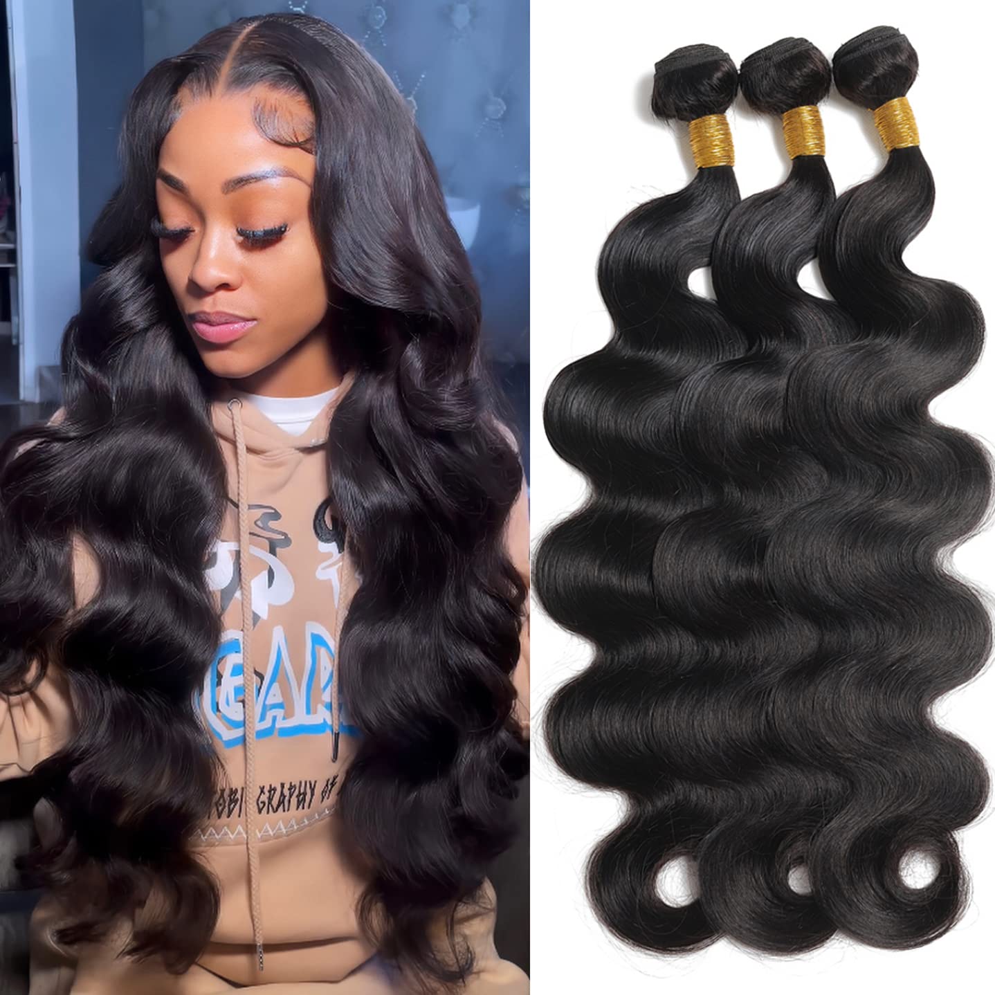 Human Hair Body Wave Bundles 100% Unprocessed Brazilian Virgin Human Hair Body Weave Bundles (20 22 24 Inch) Human Hair Extensions for Black Women Natural Color