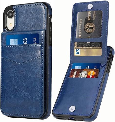 Funda tipo cartera para iPhone XR con tarjetero para mujeres y hombres, de piel sintética, para iPhone XR de 6.1 pulgadas (azul)