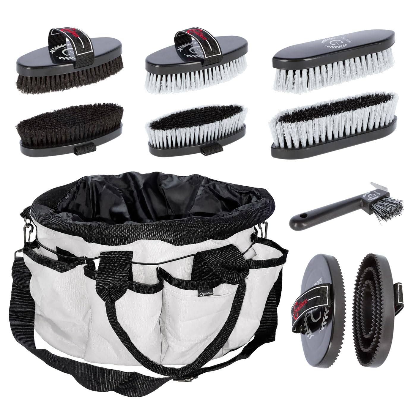 Covalliero QHP Pferde Pflegeset mit Putztasche | 6-teiliges Putzset inkl. Kardätsche, Striegel, Mähnenbürste, Hufkratzer & Fellglanzbürste