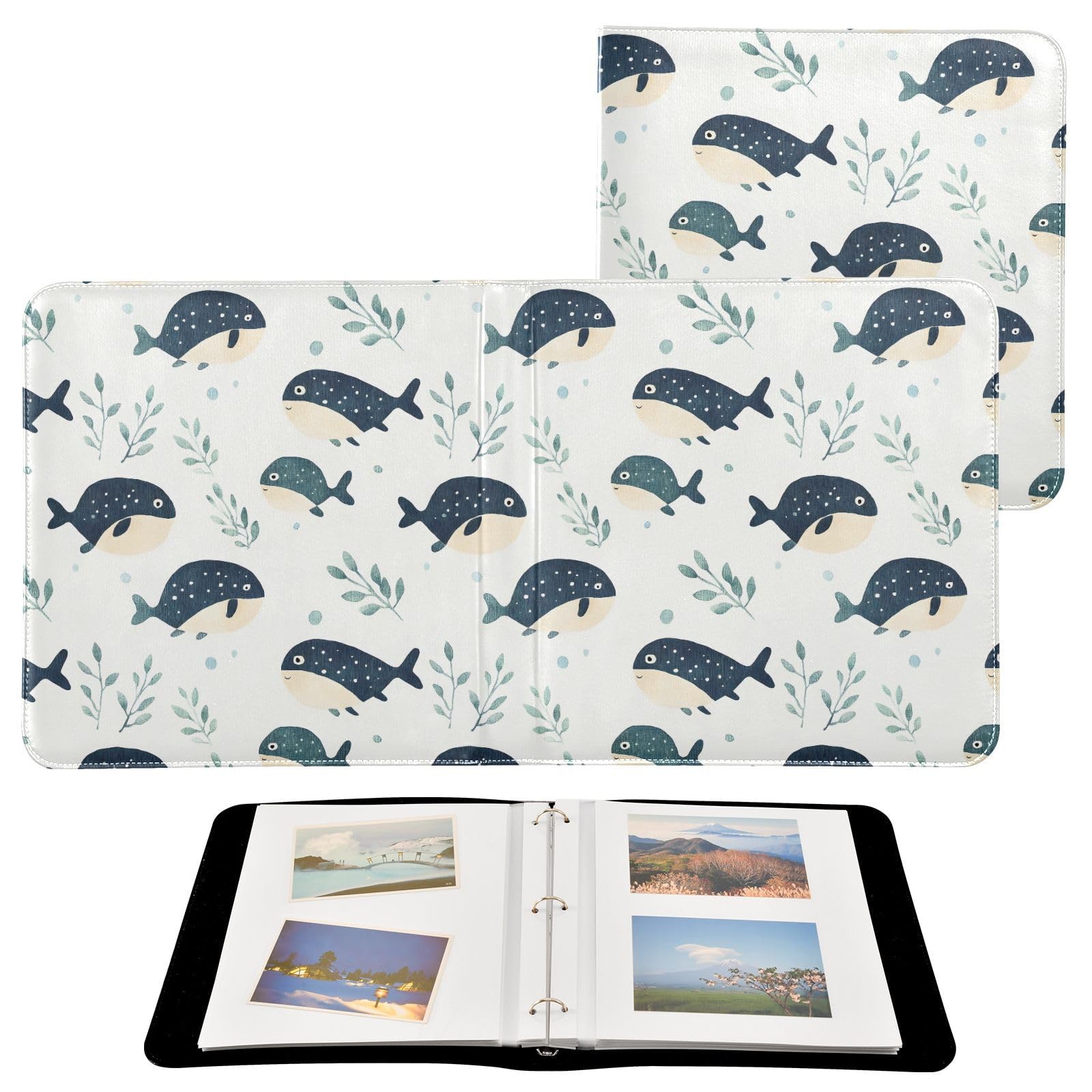 FOLIOSA Photo Album Cute Whale Print, Leather Cover Self Adhesive Scrapbook Album for 2x3/4x6/5x7/6x8 in Photos for Family Travel Wedding