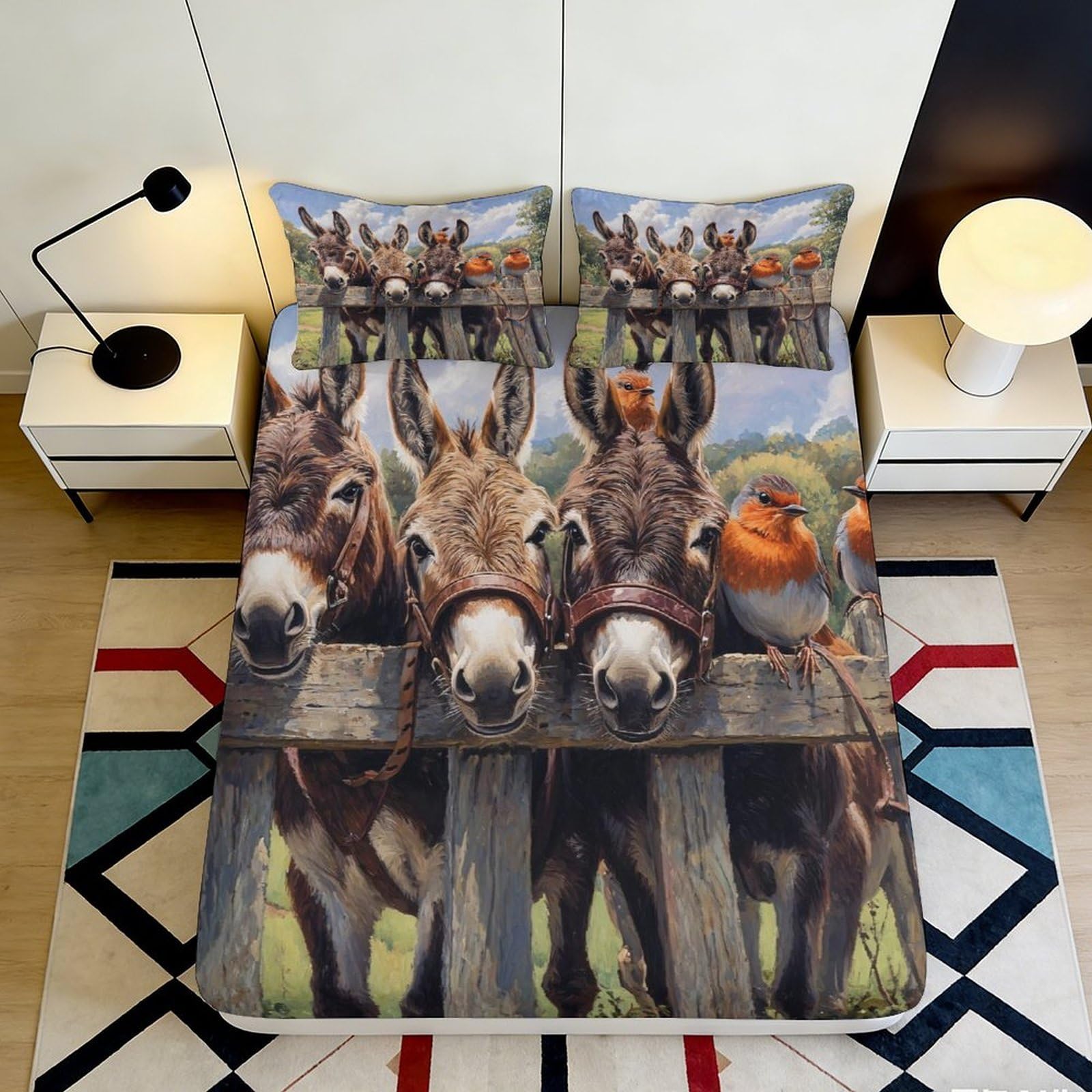 3D Printed Farm Donkey Fitted Sheet Microfiber Soft Animal Fence Bed Cover for Bedroom Guest Room Decor 90x200x25cm