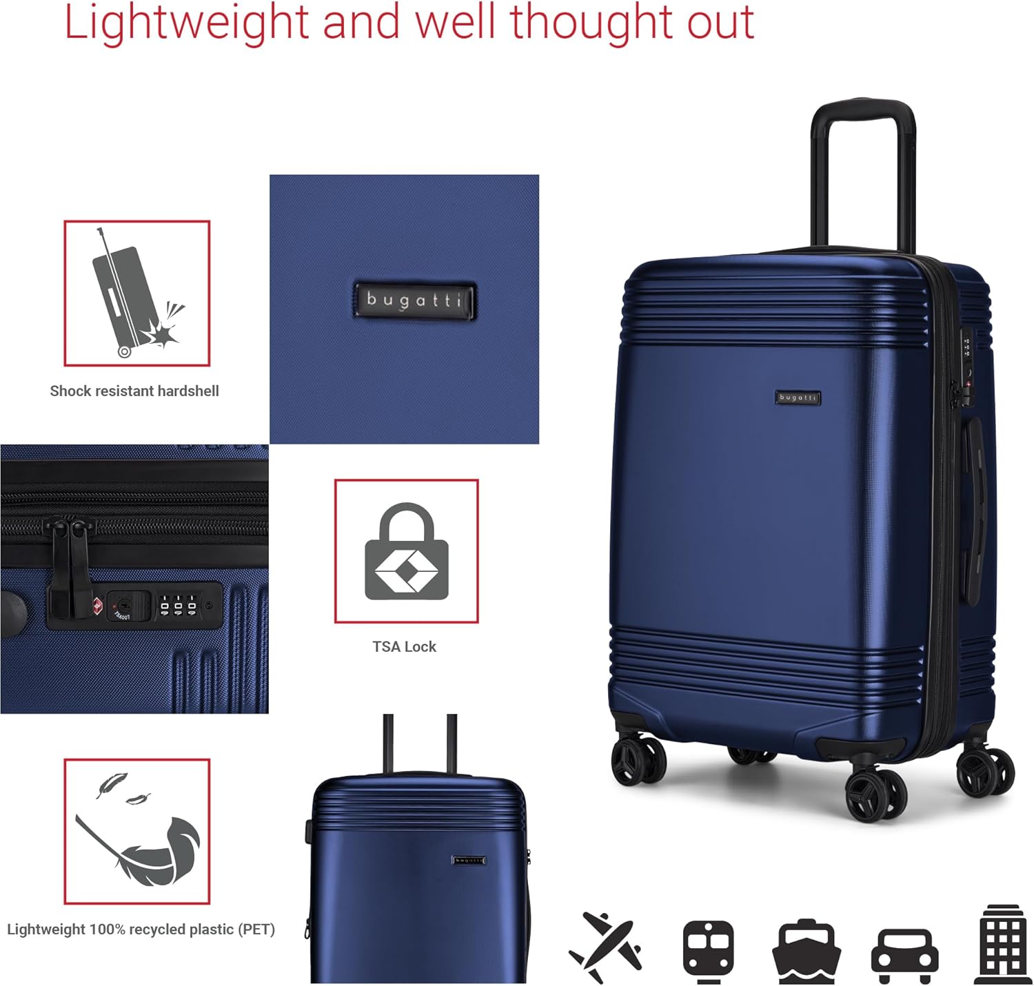 bugatti Nashville Collection 24 Inch Hard Shell Luggage for Airplanes, Mid Size Hardside Expandable Suitcase with 360-Degree Spinner Wheels, Retractable Handle, Navy