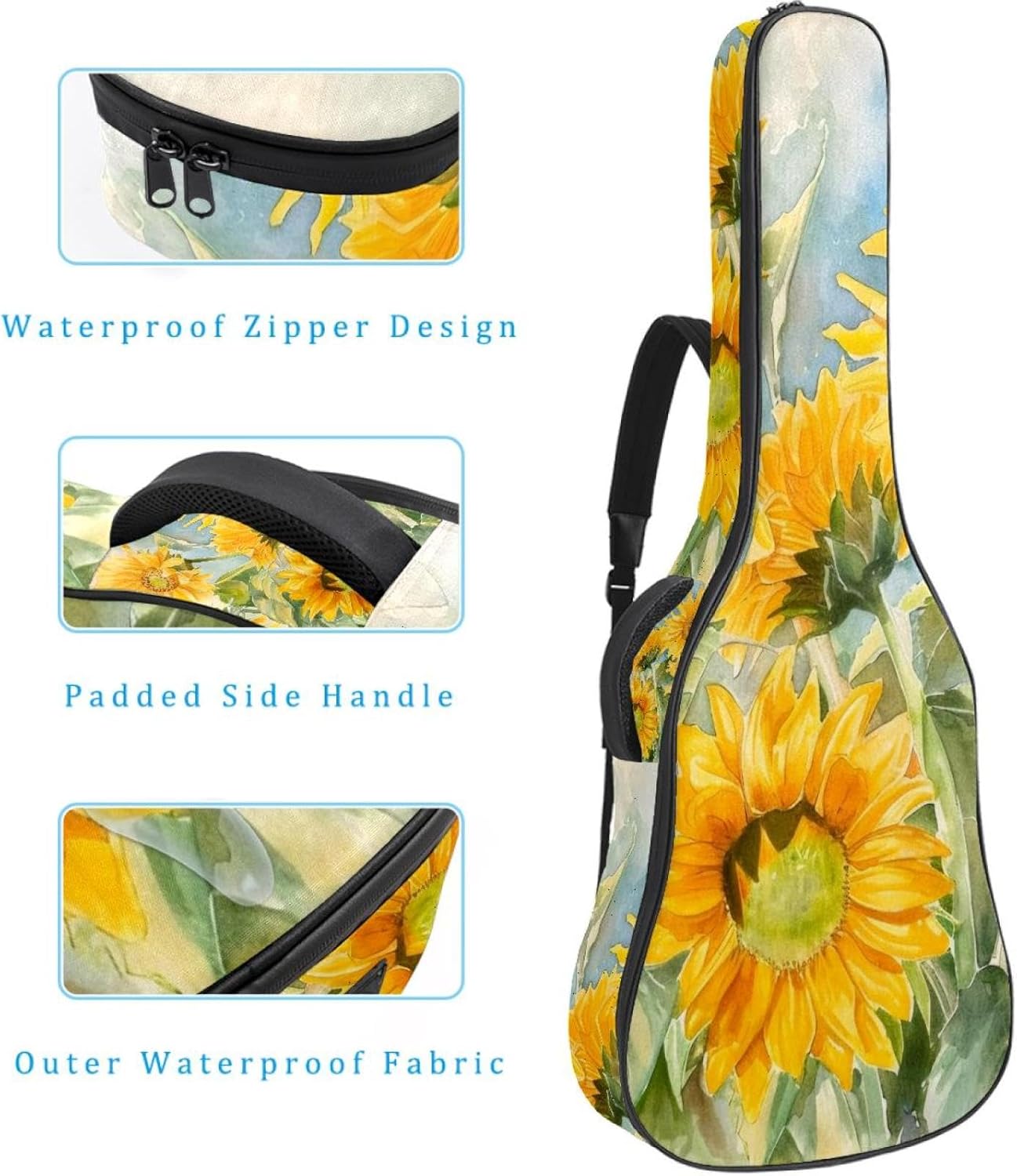 Acoustic Guitar Bag, 40 41 42 Inch Guitar Case Cover Soft Guitar Gig Bag for Acoustic Electric Bass Classical Guitar, Watercolor Yellow Sunflowers Pattern