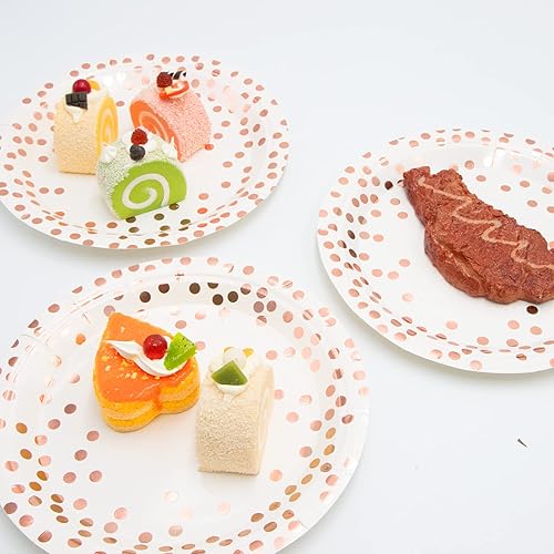 Miniatura 6 de Platos de papel desechables redondos de 9 pulgadas, platos de papel de lunares blancos y dorados, platos llanos, platos de papel de lunares dorados