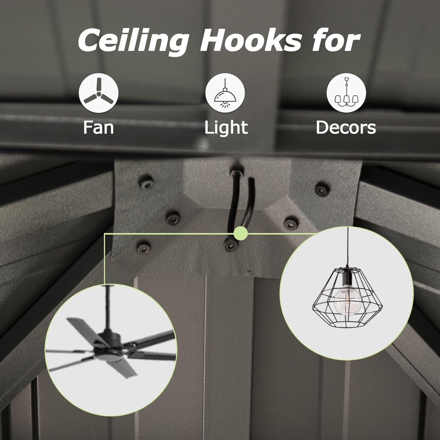 Illustration showing ceiling hooks for fan, light, and decor installation.