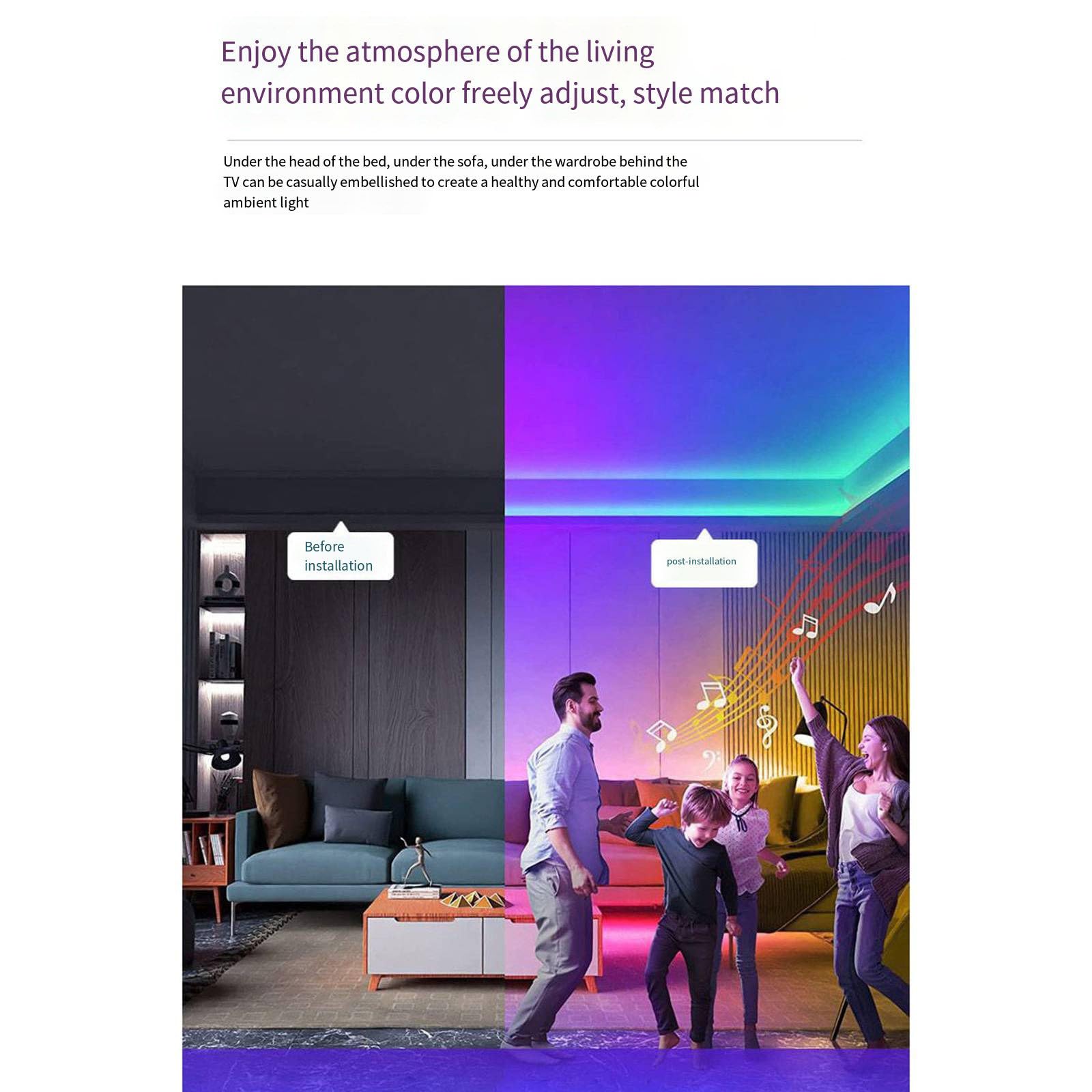 Bande lumineuse LED 24 touches avec télécommande et musique 5050 RVB LED étanche et flexible adaptée à la décoration de la pièce et à l'arrière-plan de la télévision,10M