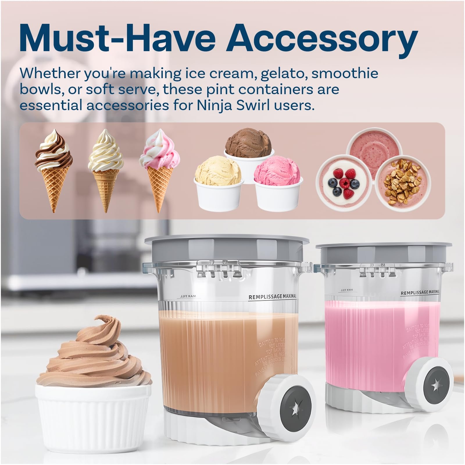 Lot de 2 Pots a Glace 480 ML pour Ninja Creami Swirl Série NC700 par MMOBIEL – Récipients avec Couvercles Gris pour Ninja Swirl by CREAMi Machines à Glacée & à Service Doux – Passe au Lave-Vaisselle
