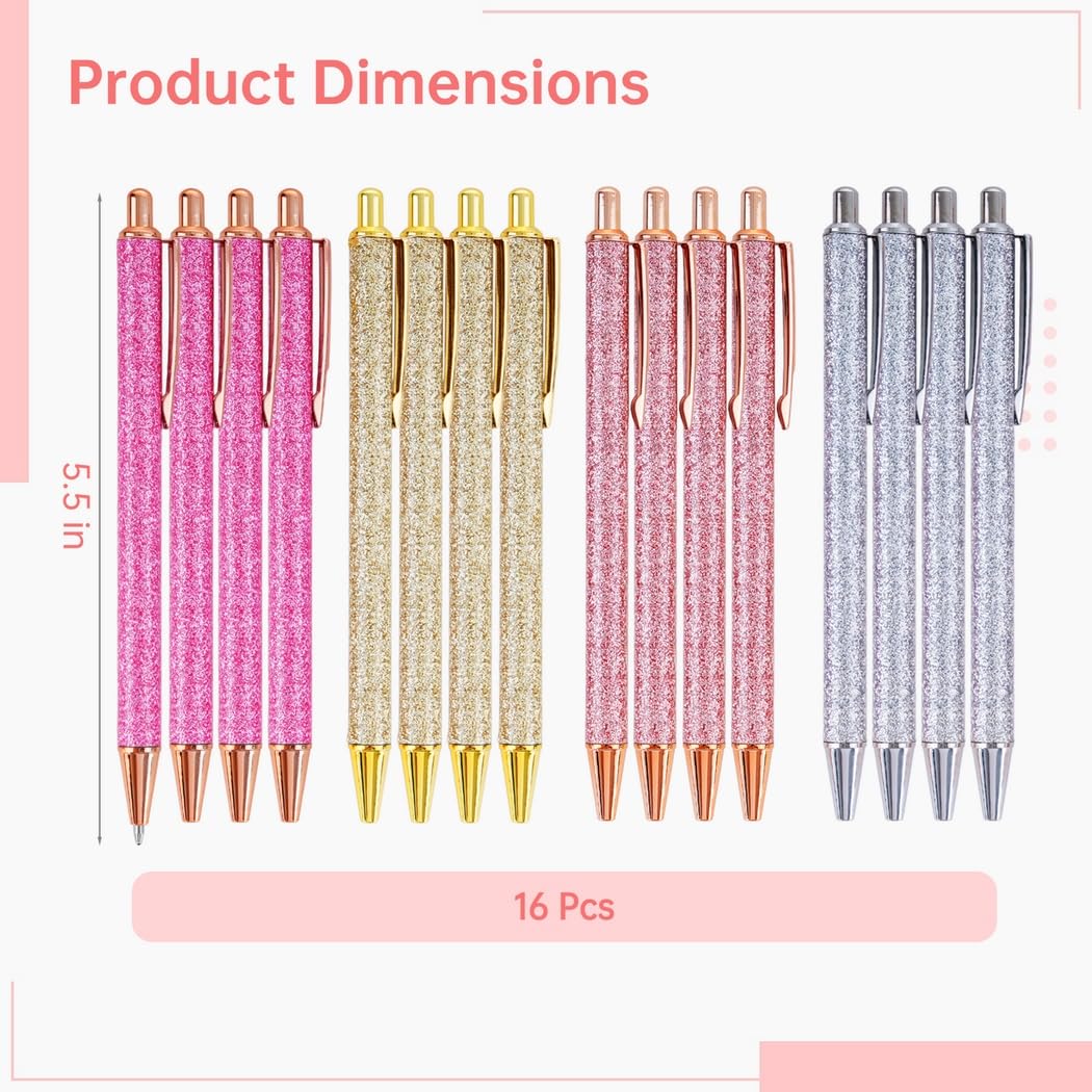 Générique Stylos bille scintillants, lot de 16, stylos en métal couleur or rose avec mécanisme rétractable, pour journal intime, bureau et cadeau, encre noire, pointe moyenne 1 mm, 4 couleurs