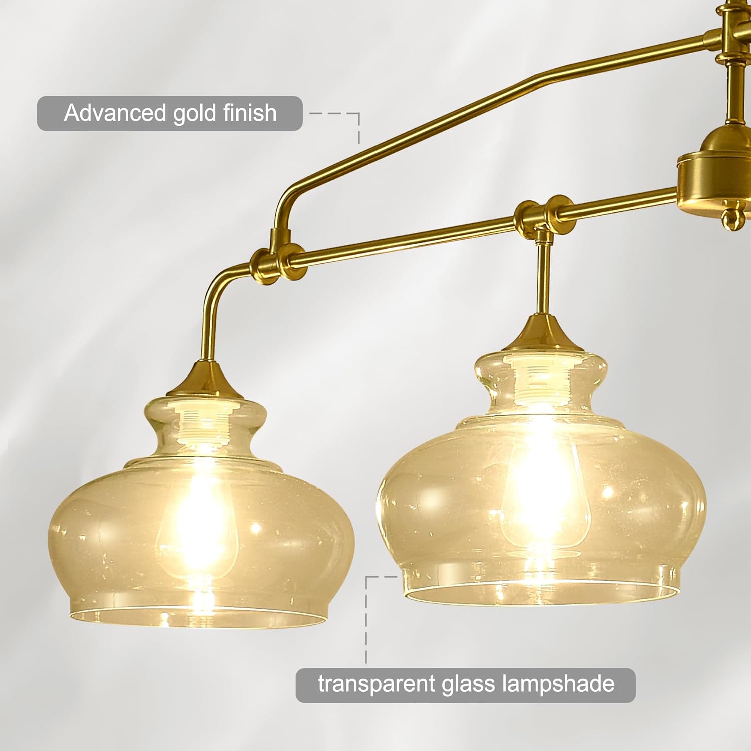 Adjustable Kitchen Island Pendant Light, 4-Lights Brass Farmhouse Chandelier with Clear Glass Shade, Dimmable Hanging Light for Dining Table, Bar (58.46in)