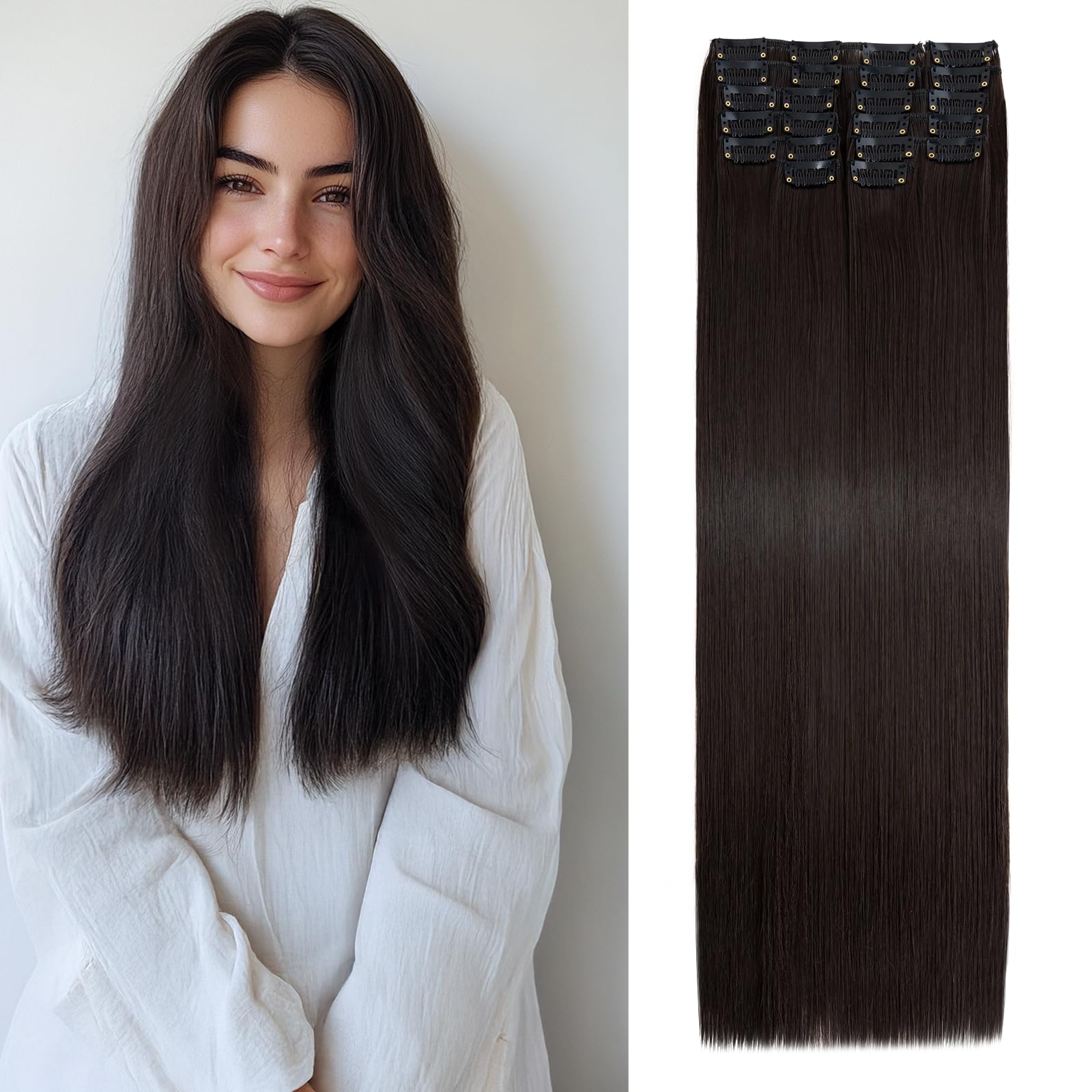Benehair 22" Clip in Hair Extensions 12 Pcs Long Straight Hair Extensions Clip in Synthetic Fiber Full Head Natural Extension Natural Black Hair Piece for Women(Natural Black