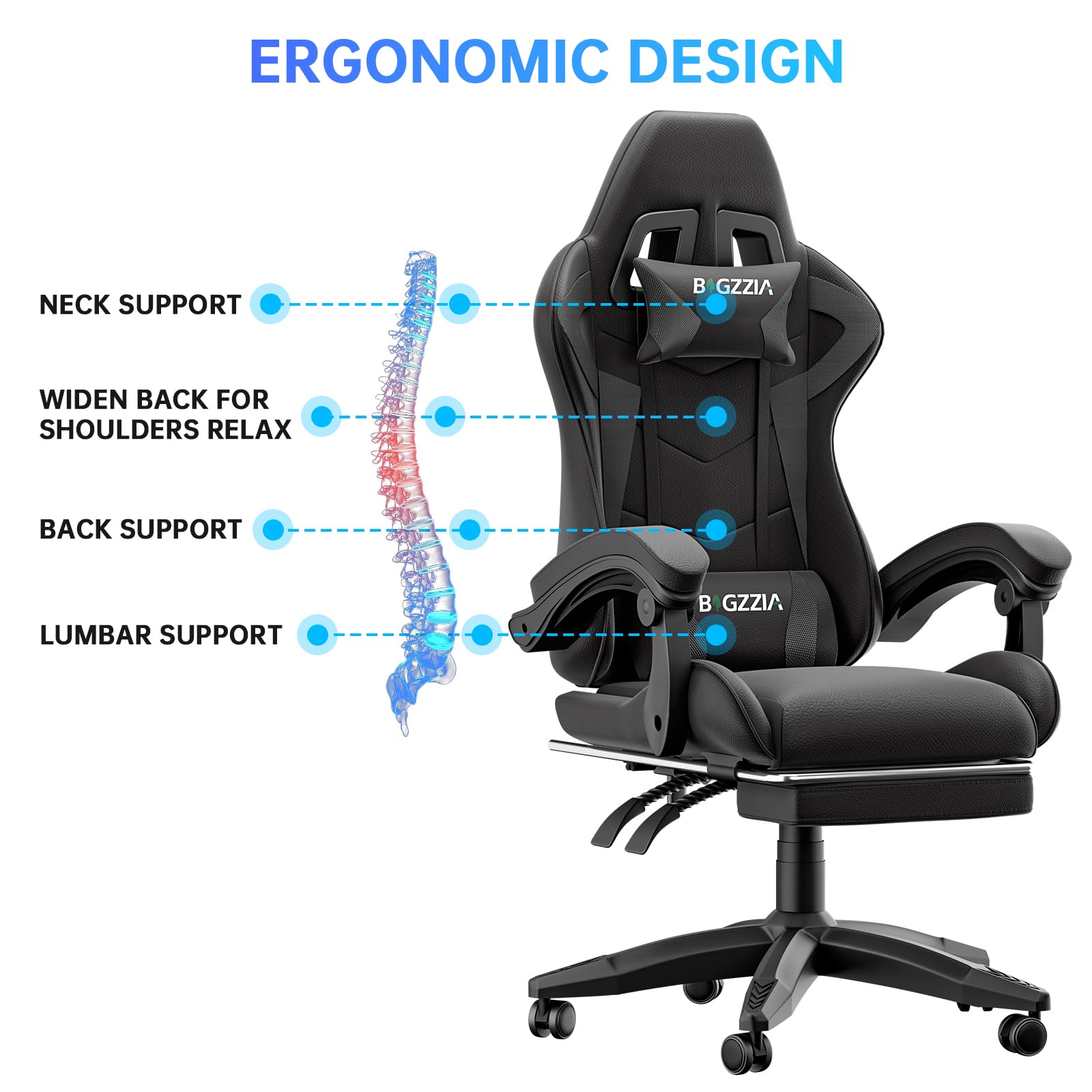 Sedia da gioco con poggiapiedi allungabile e supporto lombare regolabile, reclinabile a 90°-155°, in pelle PU, sedia ergonomica per computer, sedia da ufficio in memory foam con cuscino per