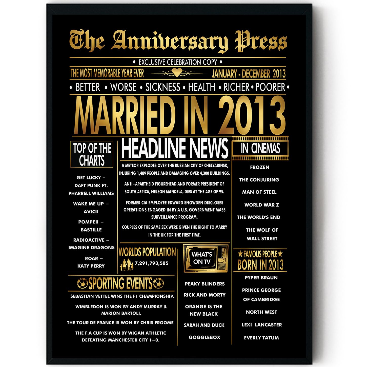 Stuff4 Men's 2013 Gold 13Th Anniversary Poster Framed - Golden Married In Newspaper - 13 Anniversary For Wo Retro Vintage Gifts Back In 8X10 Inch Bday Party Decor Decoration