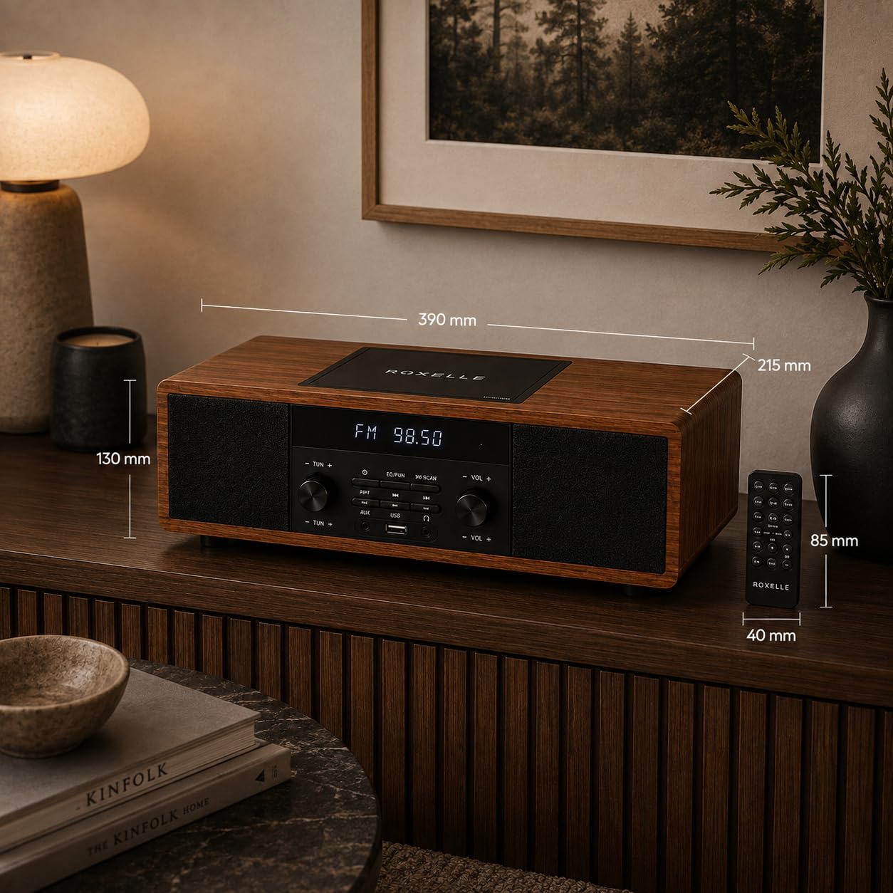 ROXELLE Sistema Hi-Fi compatto CD-440 con lettore CD, Bluetooth, radio FM, riproduzione MP3 USB, AUX e jack per cuffie, 2 altoparlanti stereo da 10 W, telecomando, finitura in legno di noce