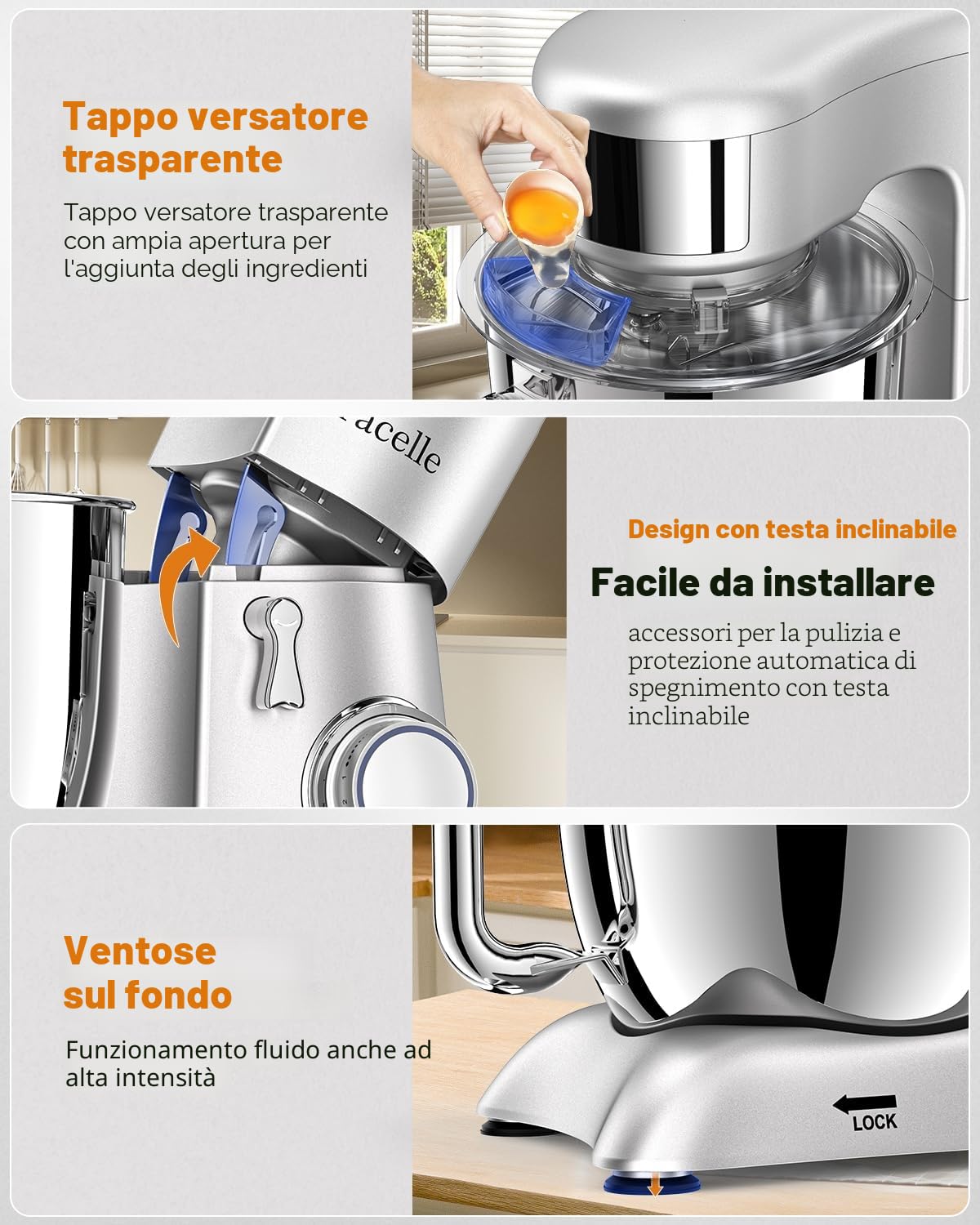 Facelle Impastatrice Planetaria, 1300W, 6,5 Litri Ciotola in Acciaio Inox, 10 Velocità, Pulse, Robot Da Cucina Multifunzione, Pane, Pizza e Dolci