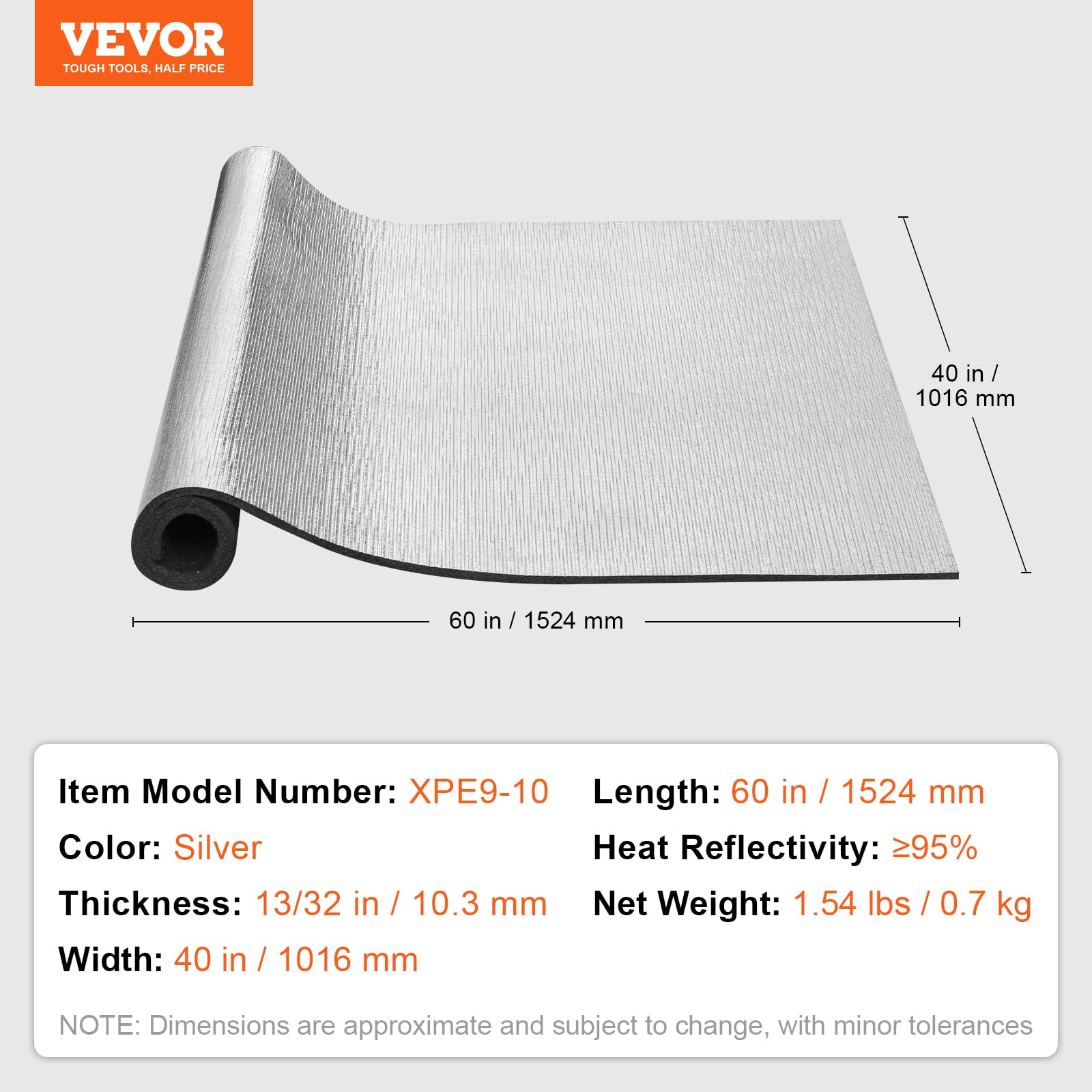VEVOR Rotolo di Isolamento Riflettente, Barriera Radiante con Anima in Schiuma XPE, 1020 x 1524 mm, Scudo Riflettente del Calore con Anima in Schiuma di Alluminio, Rotolo per Garage Finestre Camper