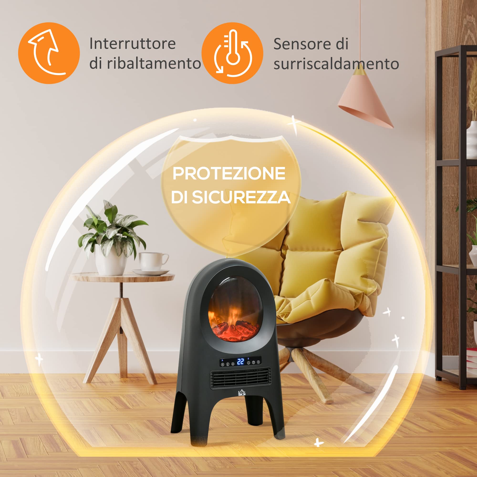 HOMCOM Camino Elettrico PTC 3 Modalità 1000W/2000W 33.7x25.5x60.4 cm Nero | Caminetto Elettrico, Temperatura Regolabile, Spegnimento Automatico, Timer, Telecomando