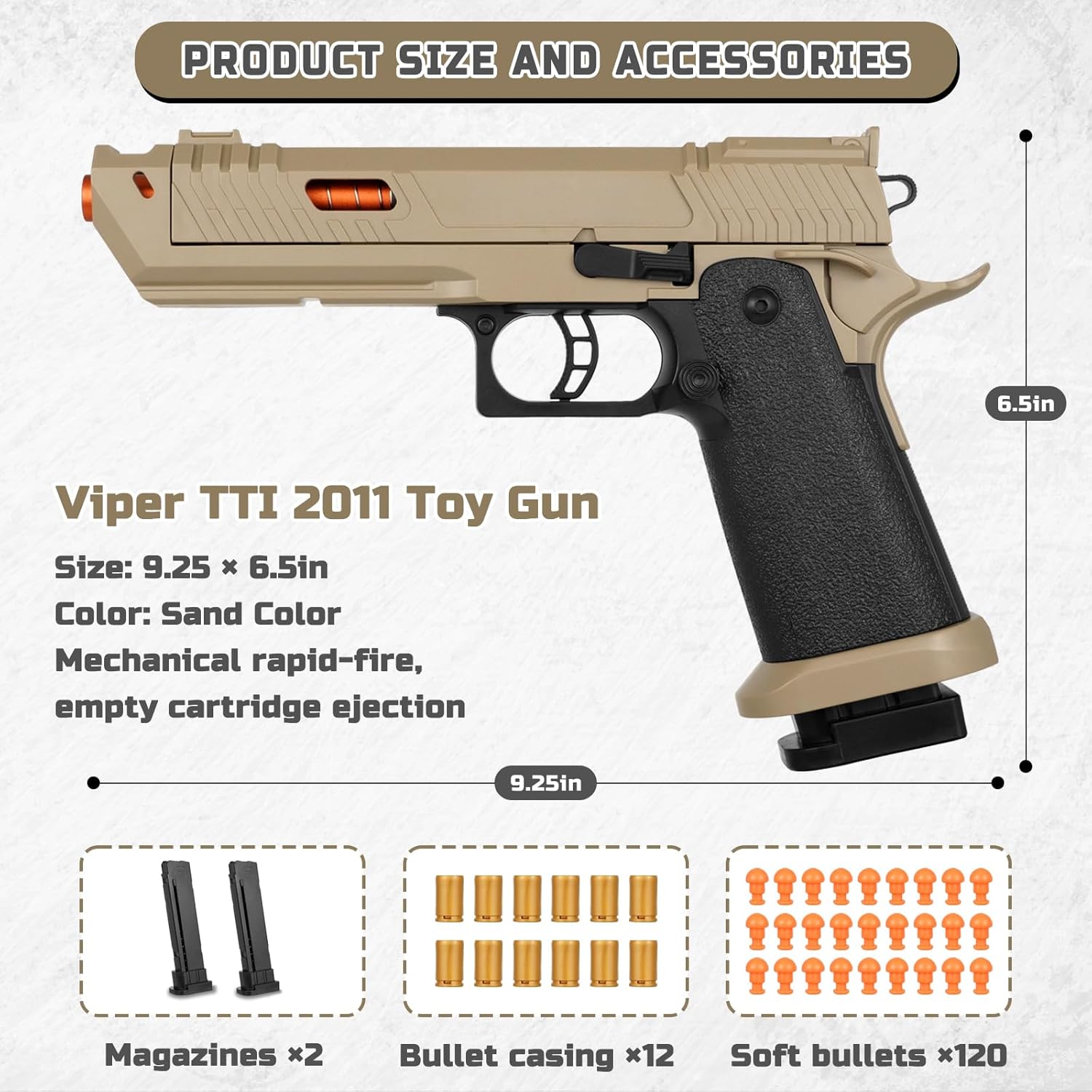 Soft Bullet Toy Gun Shell Ejecting with 120 Bullets, Rapid-fire Realistic Toy Gun for Boys, Shooting Game Toy Pistol Model Gun, Christmas Birthday Gifts for Boys Girls Age 6+ (Sand)