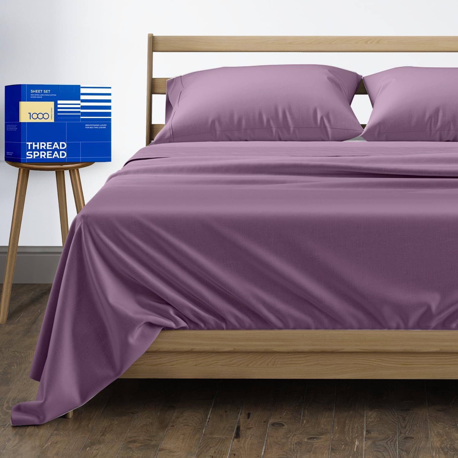 THREAD SPREAD 100% Egyptian Cotton Queen Sheet Set - 1000 Thread Count Bed Sheets Queen Size Bed Set (4 PC, Plum), Soft, Cooling, 16" Deep Pocket Extra Long Staple Sateen Weave Luxury Hotel Sheet