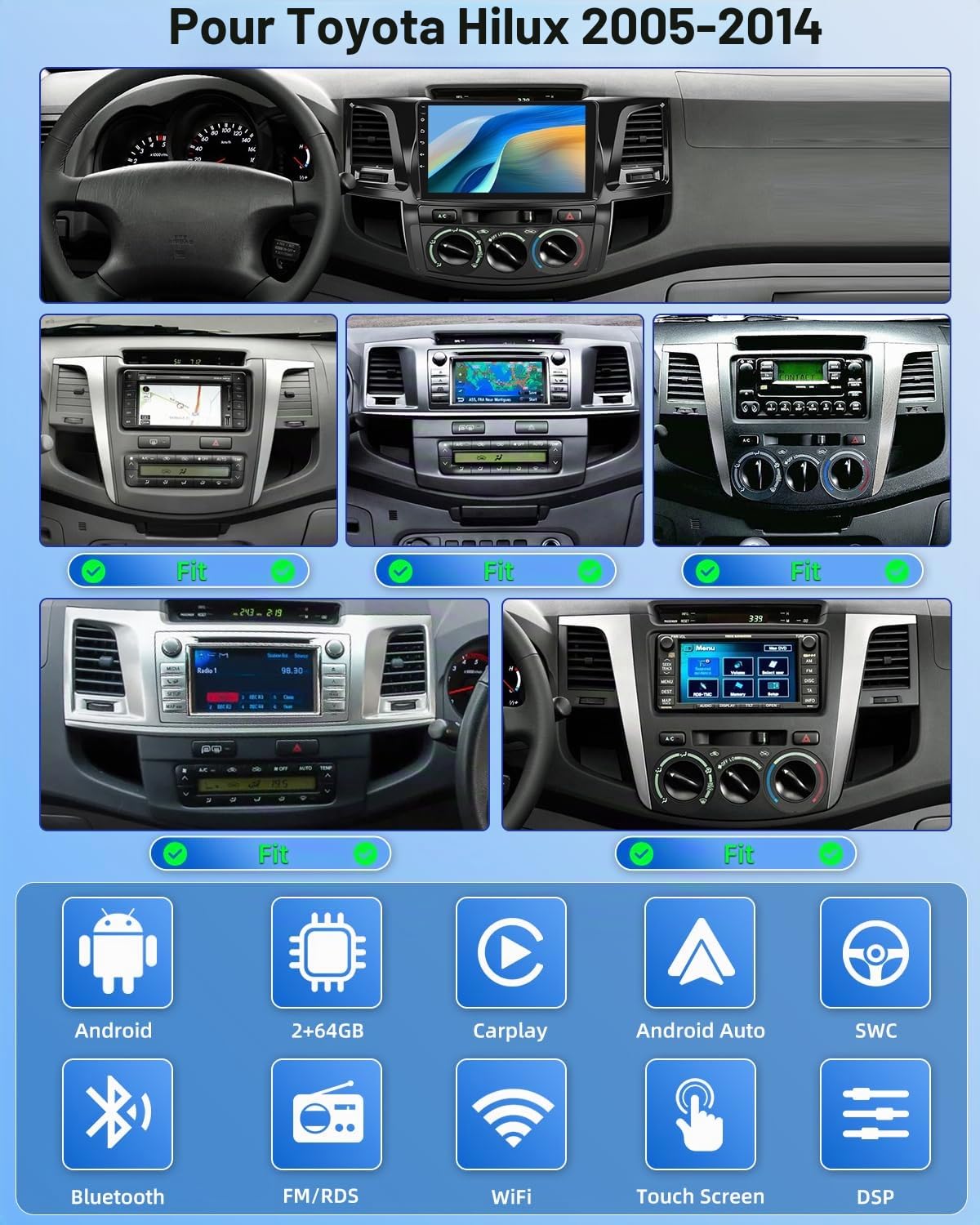NHOPEEW Autoradio Android 2G+64G pour Toyota Hilux 2005-2014 - sans Fil Carplay & Android Auto - Stéréo Android 9 Pouces avec WiFi EQ GPS Mirror Link FM RDS + AHD Caméra de recul&Mic