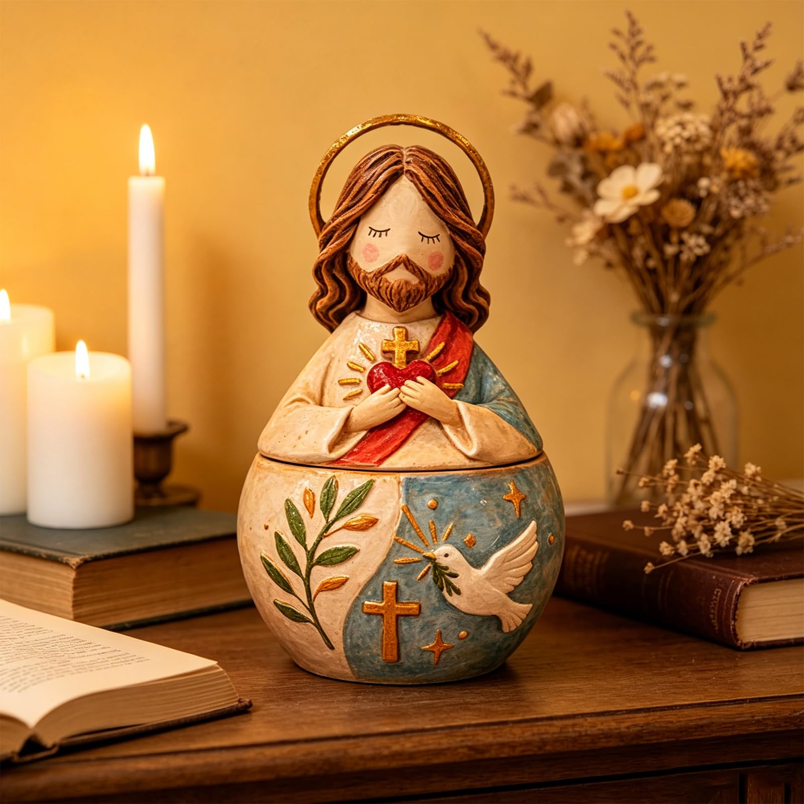Caja de Oración de Resina con el Sagrado Corazón de Jesús y la Virgen María, Obra Artesanal de María en Resina, Ornamento Creativo de Regalo, Figura Religiosa del Corazón Sagrado de Jesús