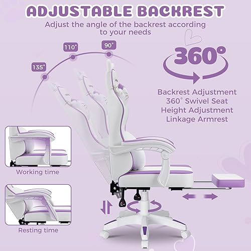 Miniatura 7 de HOFFREE Silla de Juegos para Niñas con Orejas de Gato y Masaje en la Zona Lumbar en Forma de Nube, Linda Silla de Computadora con Reposapiés, Sillas