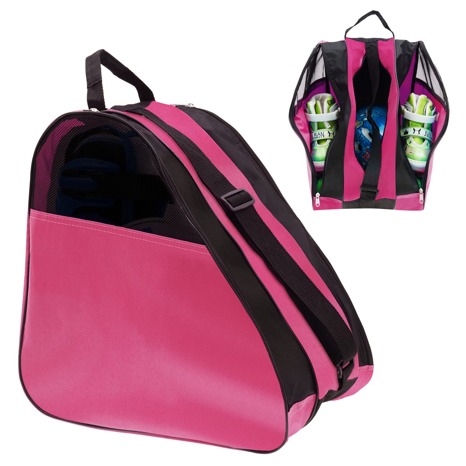 zootopRoller Skating Bag Breathable Ice Skating Bag, Adjustable Shoulder Strap and Top Handle, Oxford Fabric Skating Bag, Three Compartments Roller Skate Bag (Pink)