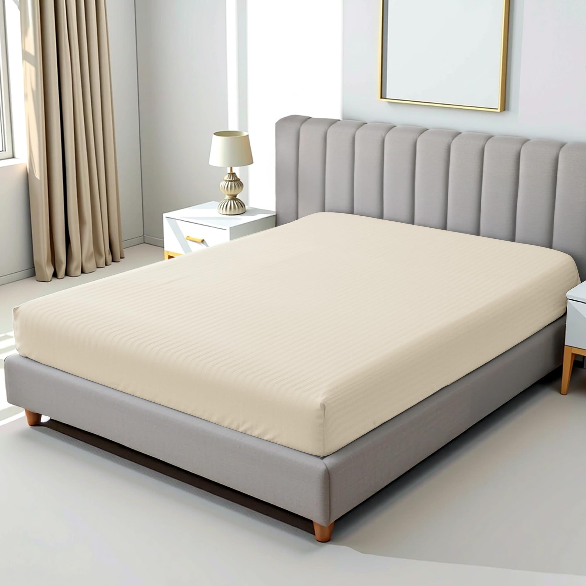 Double Fitted Sheet - 1 Piece, Luxurious 100% Cotton Sateen with 250 Thread Count, Featuring Classic Stripe Design with Deep Pocket and Elastic Edges, Size: 150 x 200 + 30 cm, Silver