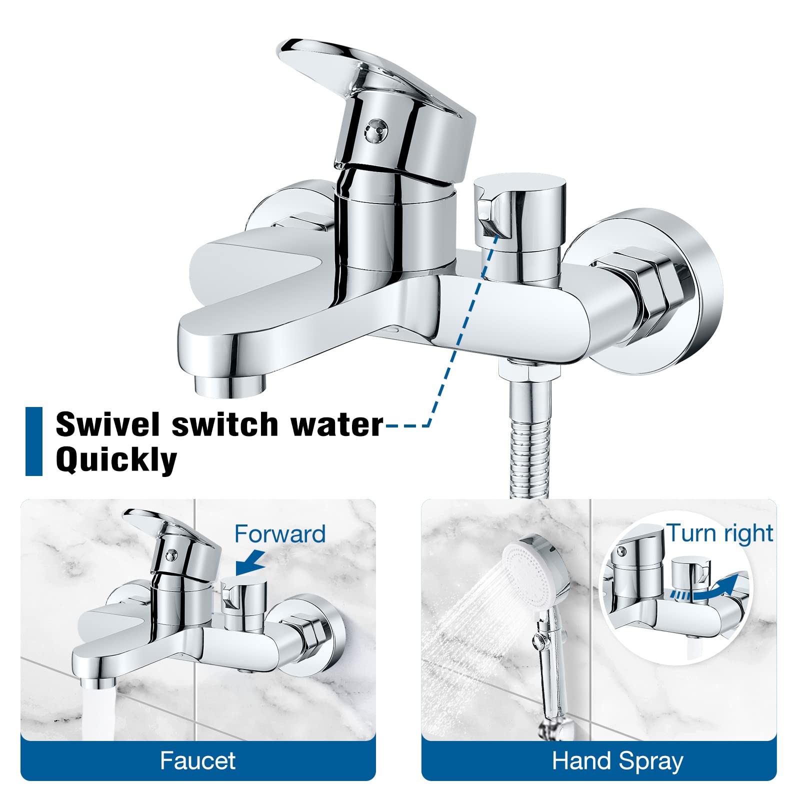 Badkraan Badkraan Mengkraan Badkuip Waterkraan Eenhendel Wandmontage Douchekraan 1/2 inch Douche-afvoer en Badvulling, Chroom Opbouwkraan voor Douche en Bad (zilver