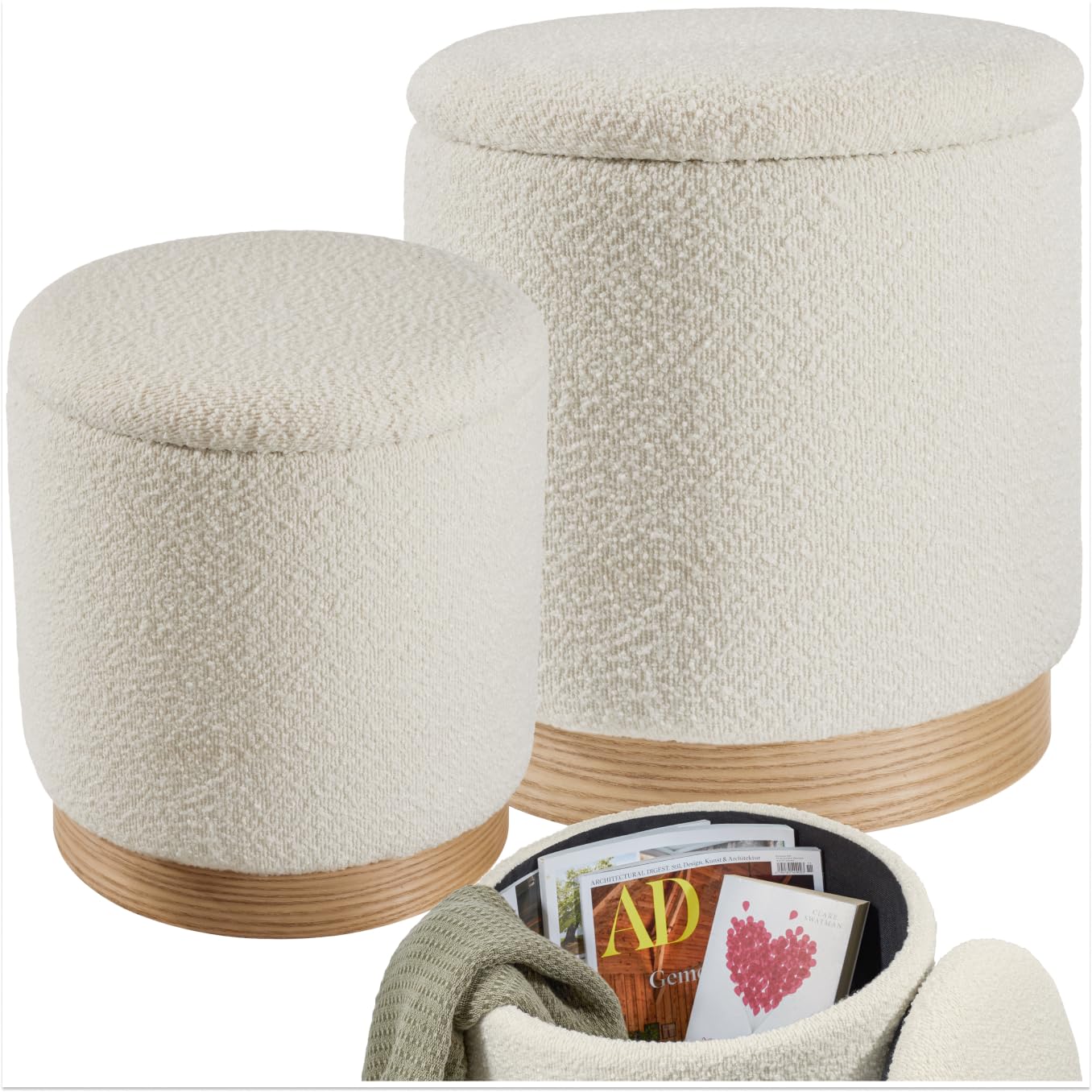 TecTake® Taburete Grande y Pequeño, 2 Taburetes Acogedores y Apilables, Tela Bouclé, Escandinavo, Carga 120 kg, MDF, Gran Puff Salon Almacenaje para Hogar, Pequeño Zapatero Entrada Recibidor - Crema