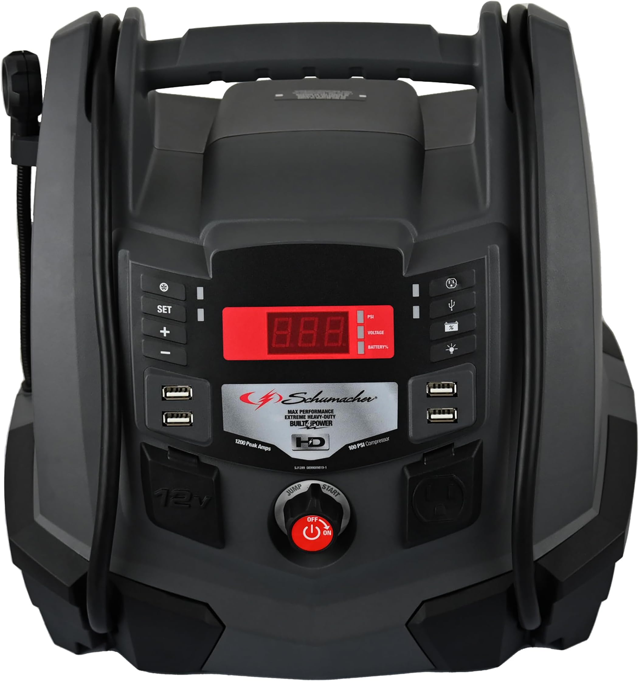 Jump Starter and Portable Power Station, SJ1289, 5-in-1, 1200 Peak Amps, 12 Volts, 100-PSI Air Compressor, 200 Continuous Watt Power Inverter, 6 Outlets - DC, AC and USB