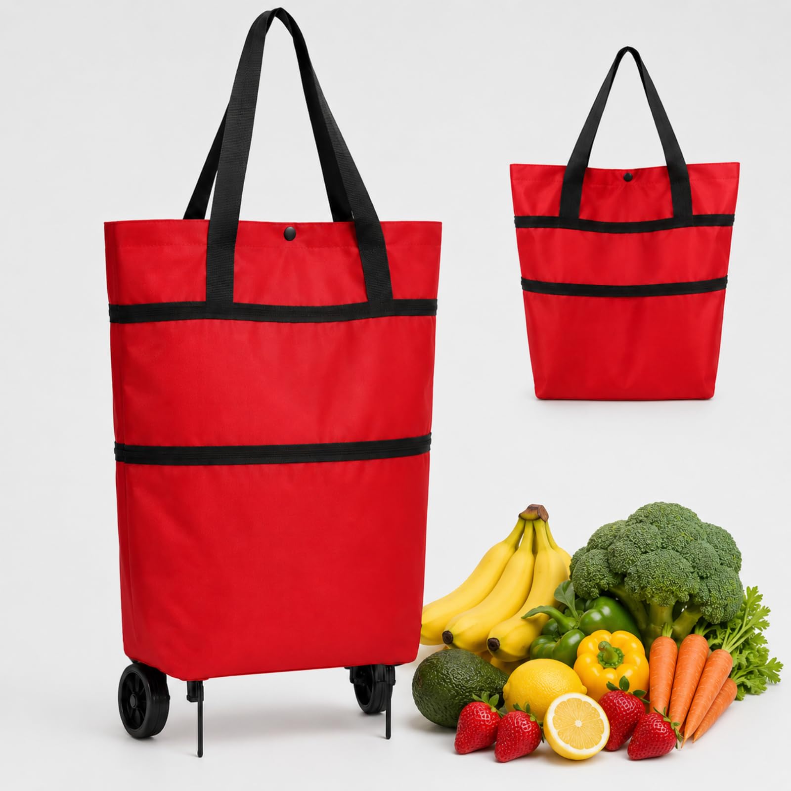 2-in-1 Foldable Shopping Trolley Bag with Wheels, 23L Grocery Cart and Shoulder Bag, 600D Oxford Fabric Carrier with Silent Wheels for Supermarket, Travel and Daily Shopping (red)