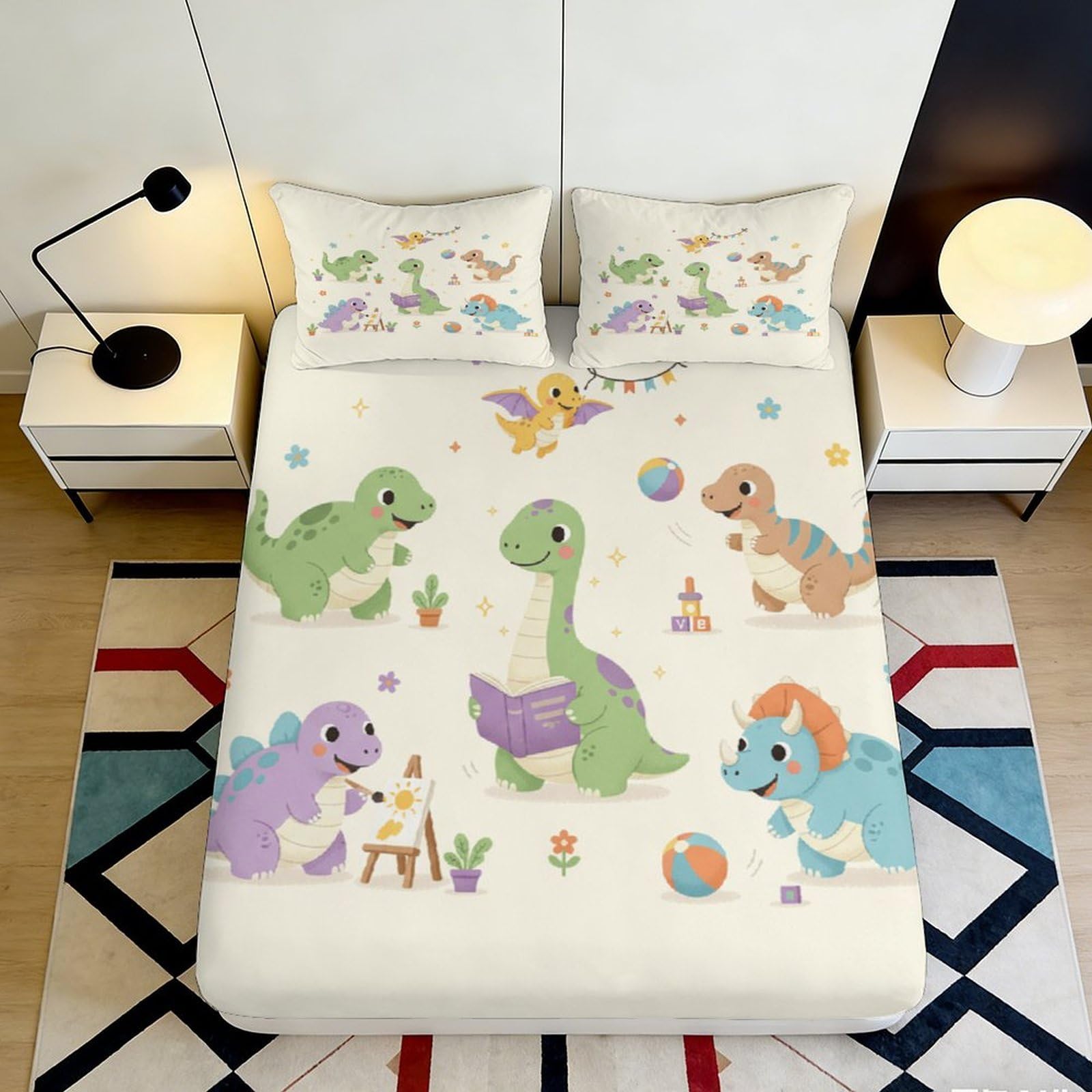 3D Printed Cartoon Dinosaur Fitted Sheet Microfiber Deep Pocket Elastic Hem Bedroom Cartoon Dinosaur Mattress Fitted Cover Soft for Adults Teens 140x200x25cm