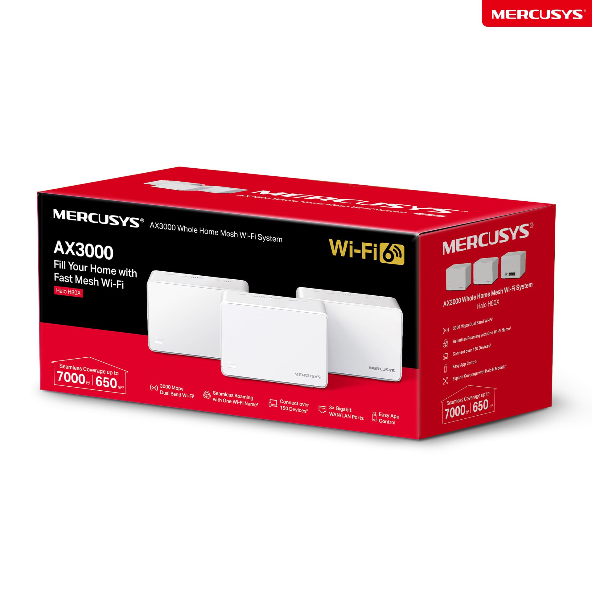 Mercusys Halo H3000X Lot de 3 routeurs Wi-Fi double bande AX3000 Wi-Fi 6 AX3000, 3 ports Gigabit par unité, MU-MIMO, WPA3, sécurité parental (reconditionné)