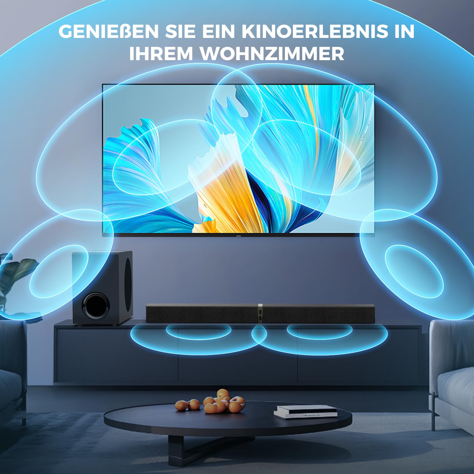 GarageRock Soundbar mit Subwoofer für TV Geräte, 120W 2-in-1 Soundbar TV Heimkino Soundsystem, 1 Set of Sorround Sound System mit Deep Bass&Lautstärkesteigerung&3 EQ Modi, Bluetooth 5.3/ARC/Opt/AUX