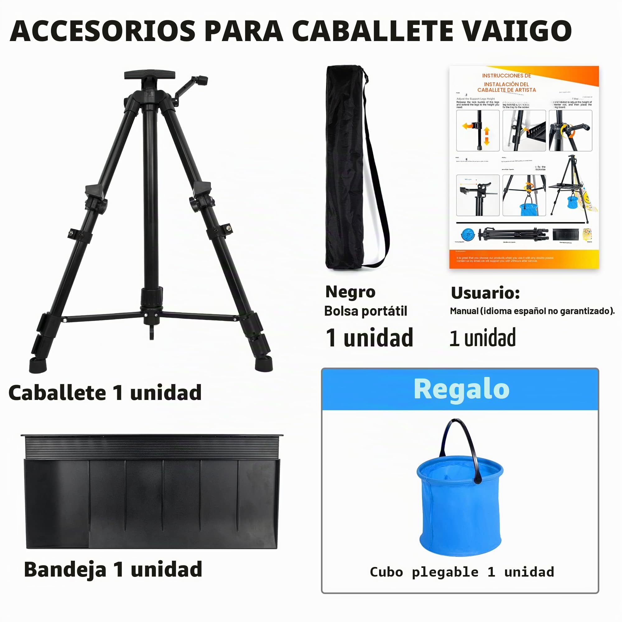 Caballete de arte para pintar, ajustable de 50 a 152 cm, trípode plegable, caballete de exhibición con bolsa, barril, prón, mesa y pintura de suelo, dibujo artístico (negro)