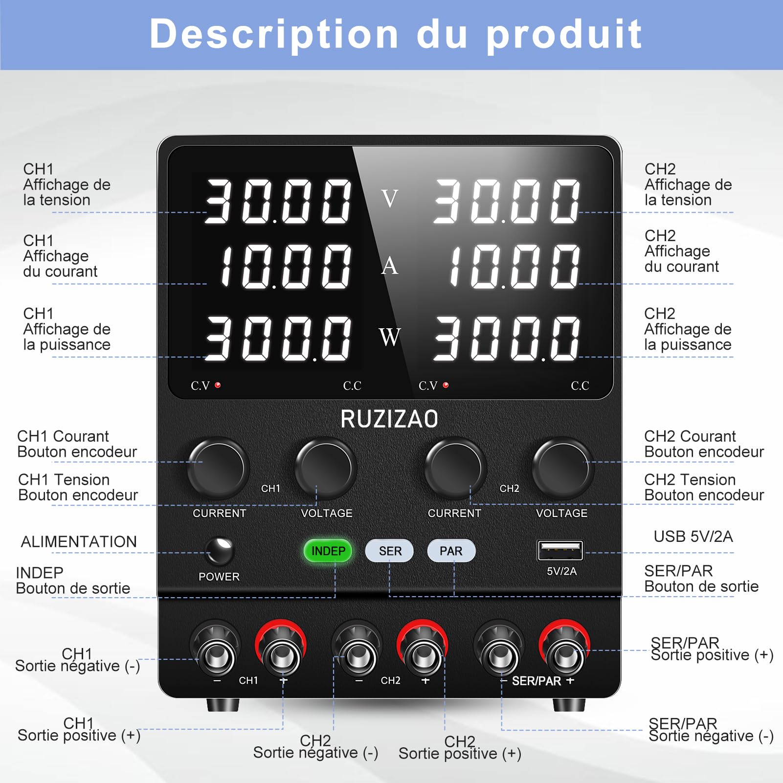 Alimentation de Laboratoire 30V 10A Série Parallèle Alimentation Réglable 60V10A 30V20A Encodeur DC Alimentation Réglable Double Sortie Alimentation de Laboratoire Réglable 4 en 1