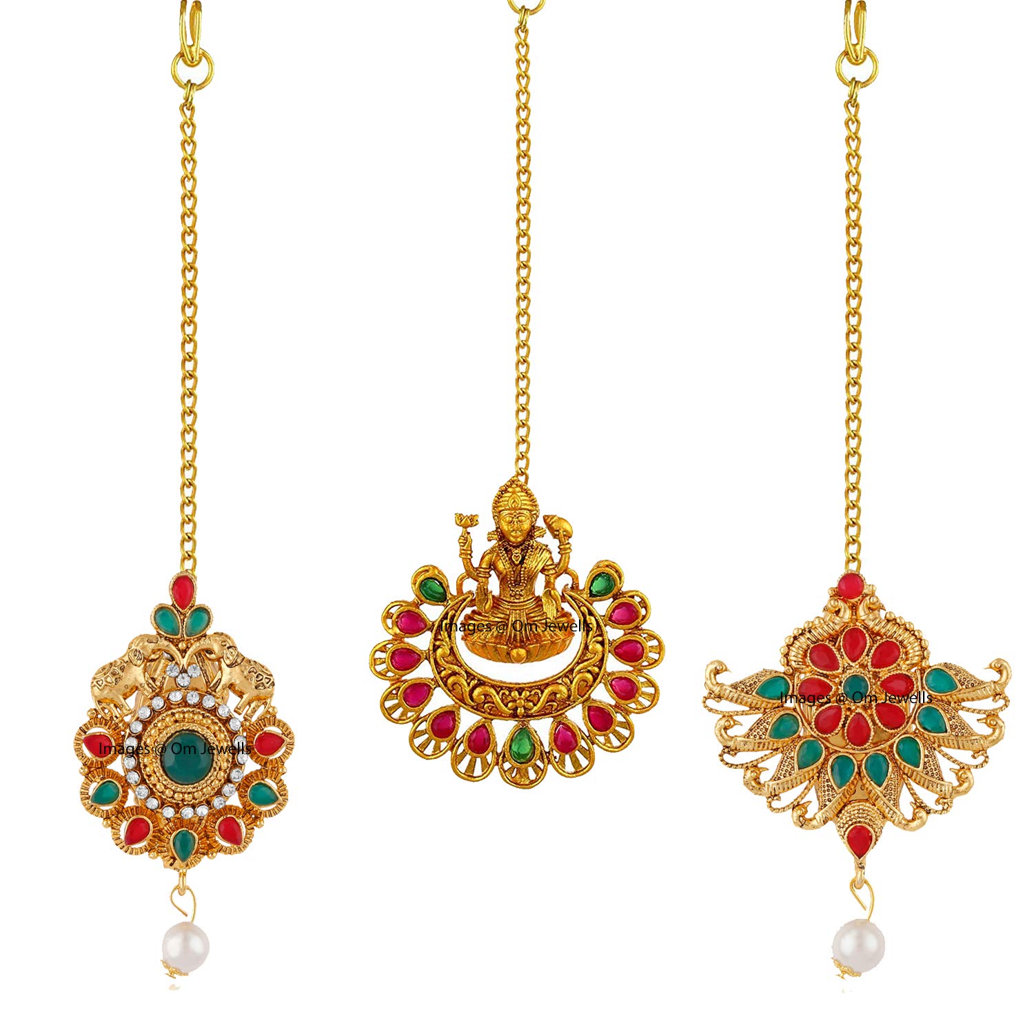 Okos Metal Alloy Traditional Ethnic Temple Jewellery Goddess Laxmi Maang Tikka With Earrings Combo Embellished With Green And Red Kundan Stones For Girl And Women CO1000351 (B08MKVQ5Y6) Amazon Price History, Amazon Price Tracker