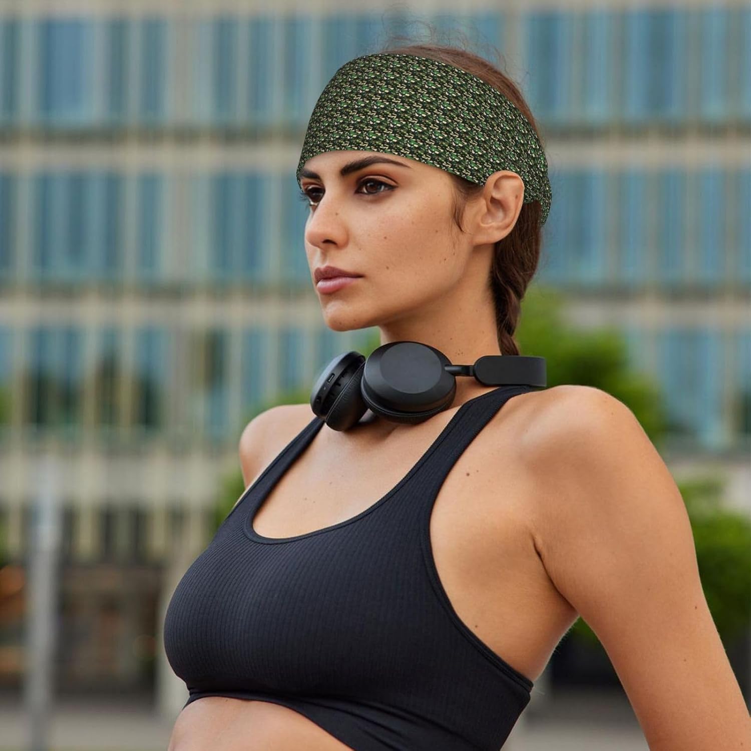 Green Army Digital Camouflage Print Elastic Headband Breathable Workout Hair Band Running Cycling Outdoor Activities