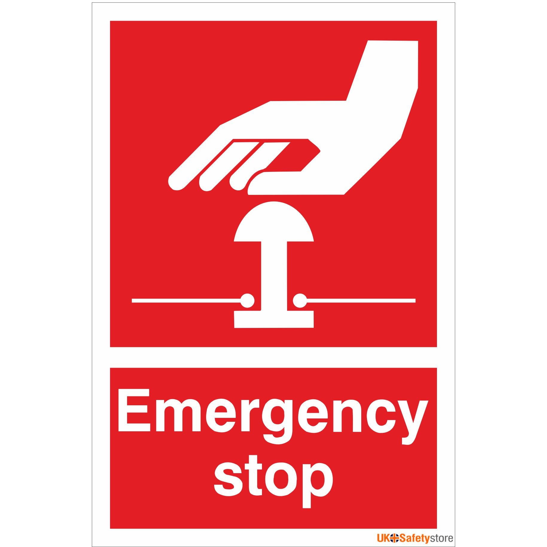 Uk Safety Store White Red Emergency Stop Sign 150Mm X 200Mm - Self Adhesive