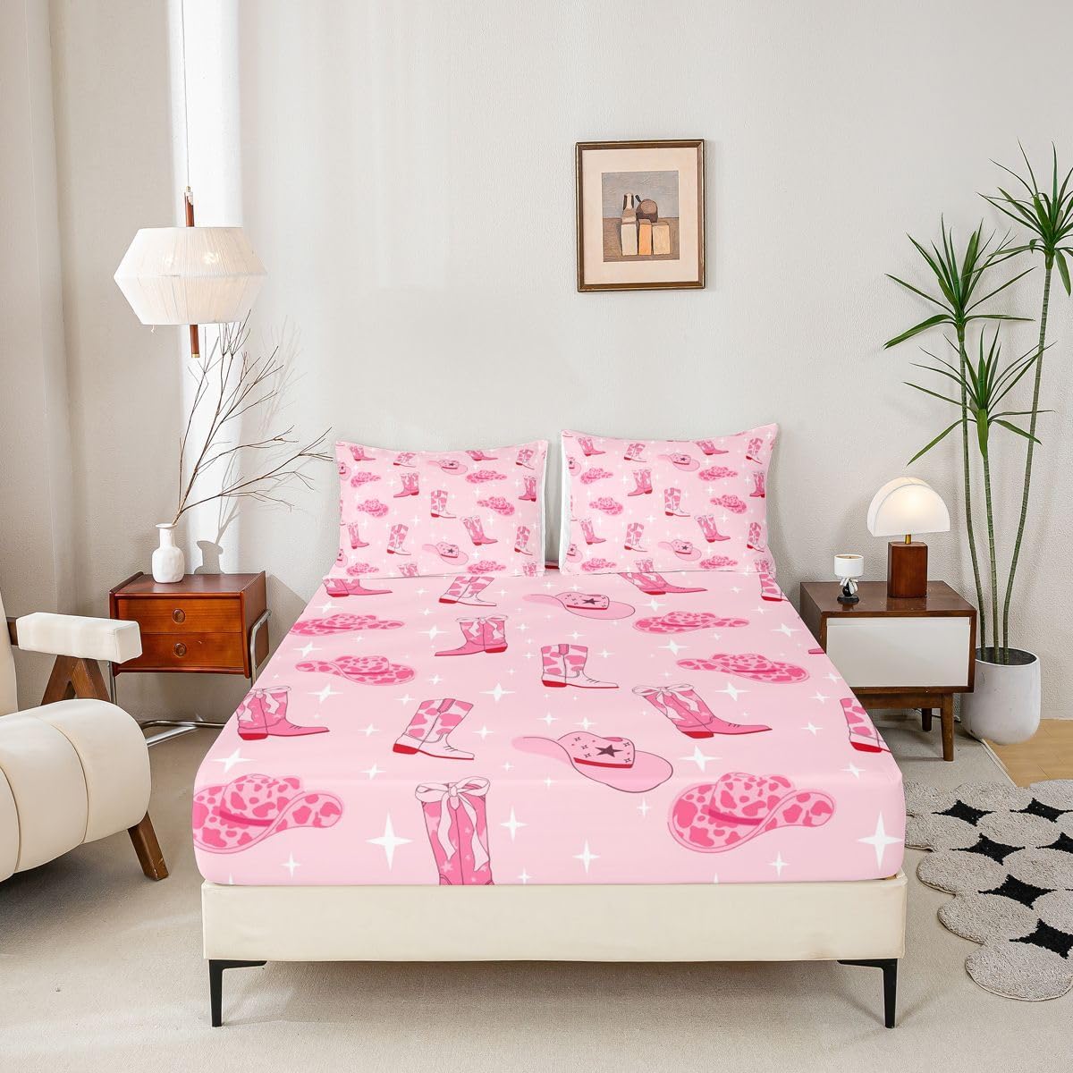Manfei Cowgirl Pink Fitted Sheet King Size with 2 Pillowcases,Western Cowgirl Boots Hats Tribal Bed Sheet Set,Cartoon Lightning Pink Cowhide Starry Top Flat Sheet Microfiber Breathable