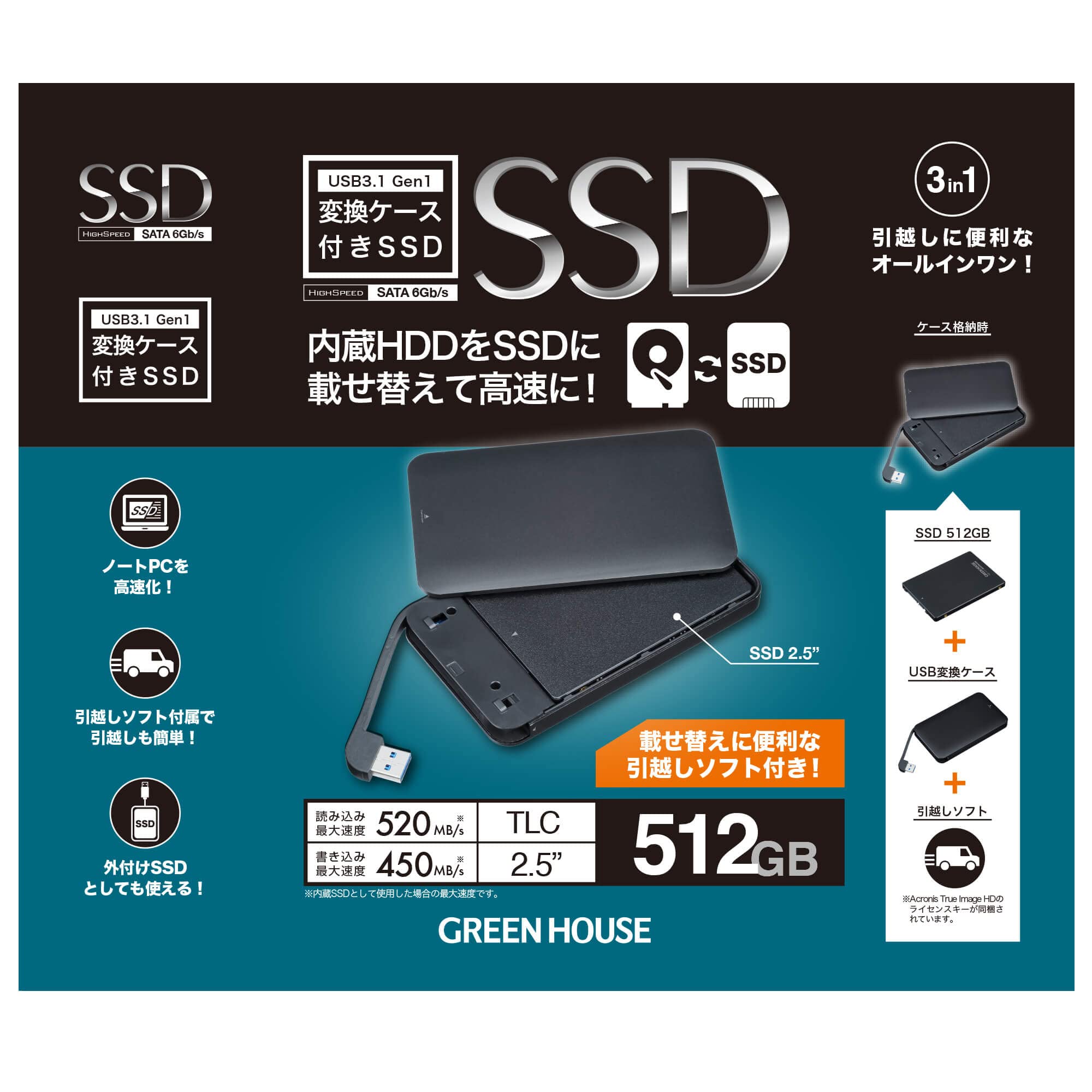 Amazon | グリーンハウス 外付けSSD 2.5インチSSD 512GB USB3.1 Gen1外