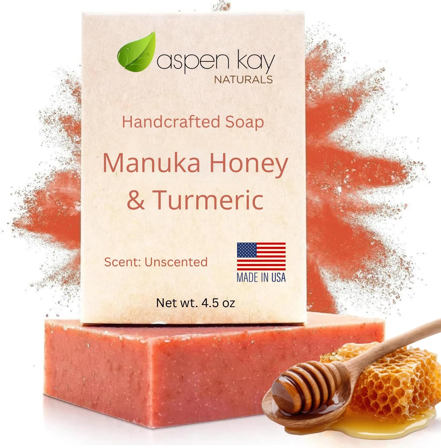 Manuka Honey & Turmeric Soap Bar for Body & Face, Natural Turmeric Face Soap with Organic Aloe Vera, Shea Butter & Calendula - Gentle For All Skin Types, Unscented 4.5 oz Bar.