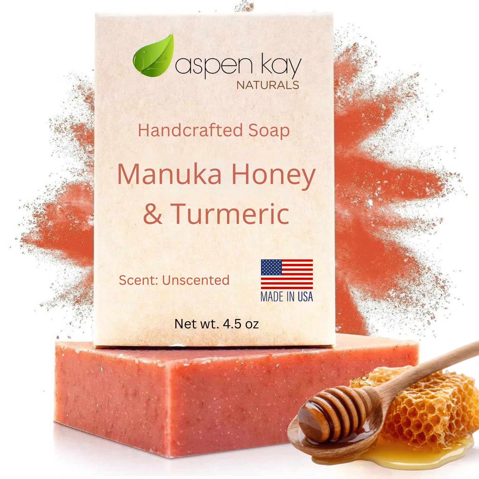 Aspen Kay Naturals Manuka Honey & Turmeric Soap Bar for Body & Face, Natural Turmeric Face Soap with Organic Aloe Vera, Shea Butter & Calendula -