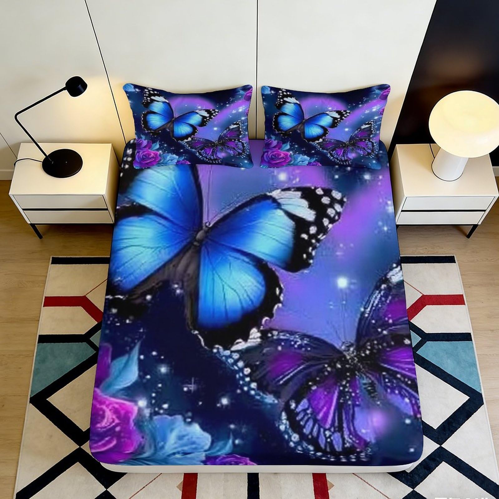 Pnayamiorkfel Style-7 3D Printed Blue Butterfly Fitted Sheet Microfiber Soft Bedroom Decor Purple Flower Mattress Cover Adult Teen 90X200x25cm