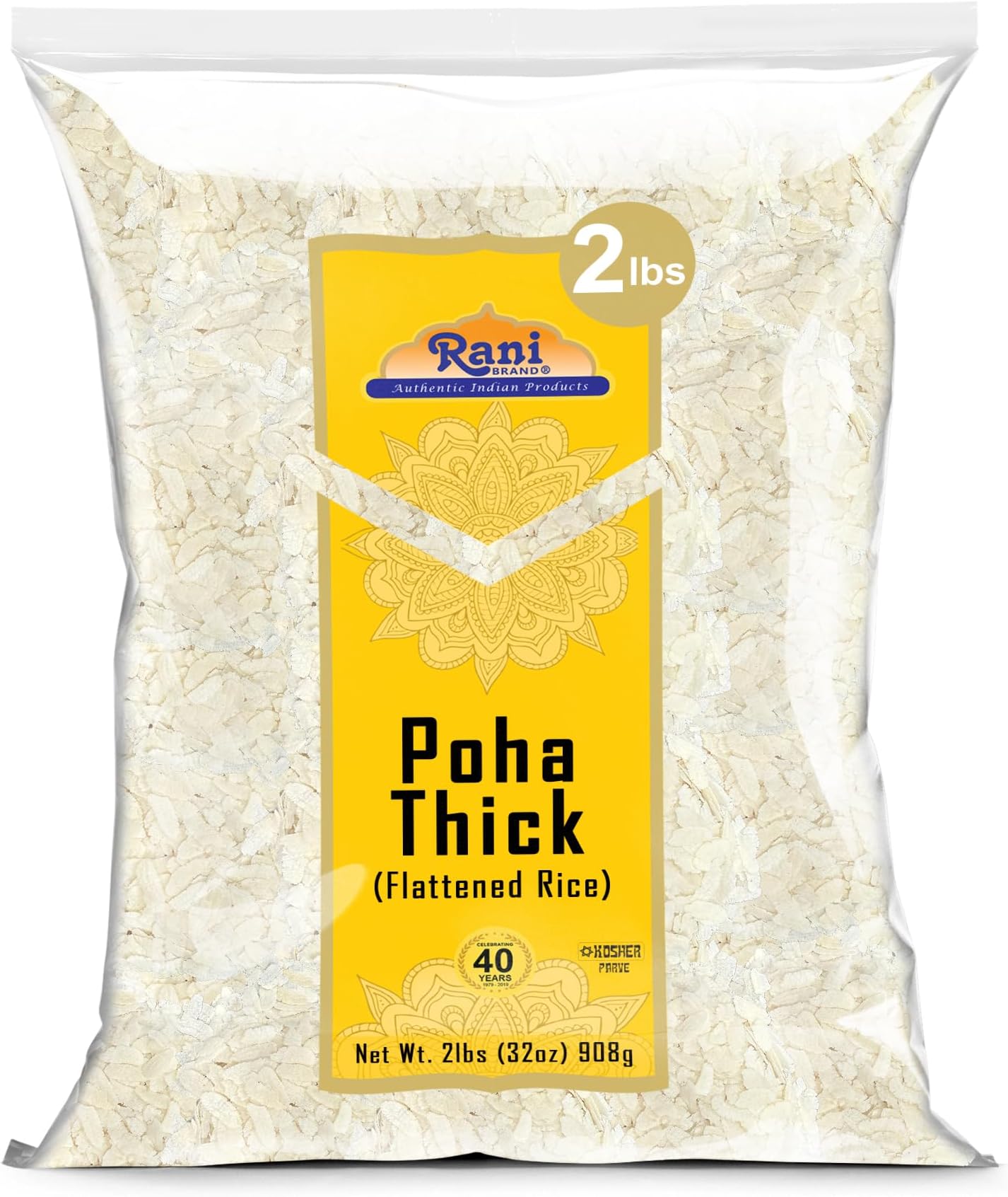 Rani Poha (Powa) Thick Medium-Cut (Flattened Rice) 32oz (2lbs) 908g ~ All Natural, Salt-Free | Vegan | No Colors | Gluten Friendly | Indian Origin