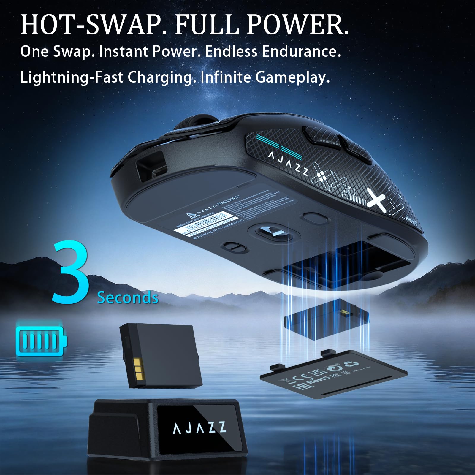 FREEWOLF X AJAZZ AJ159 V2 Ratón Gaming Inalámbrico, Batería Hot Swap, Triple Modo (2.4G/Bluetooth/Cableado), Sensor PAW3395, Ultraligero 54 g, Hasta 32000 DPI, Tasa de Sondeo 1000Hz (Nero-B)