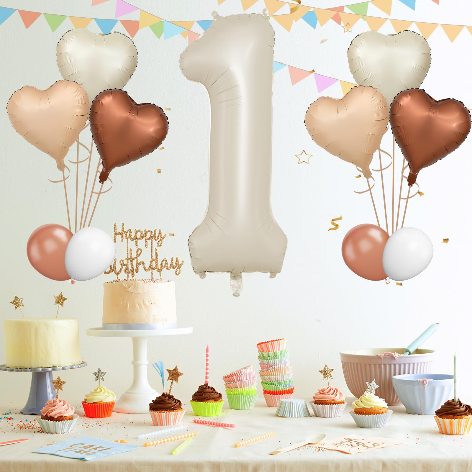 Luftballon 1. Geburtstag, 40 Zoll Beige Zahl 1 Luftballon, XXL Cremefarbene Nummer 1 Folienballon Braune Aprikosen Herzluftballon Neutraler Helium für Jungen Mädchen Babyparty 1. Geburtstag Party Deko